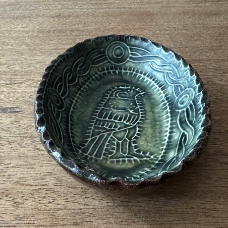 紀窯　中川紀夫　オーバル鉢 鳥押紋 K10E (約13.5×9cm)