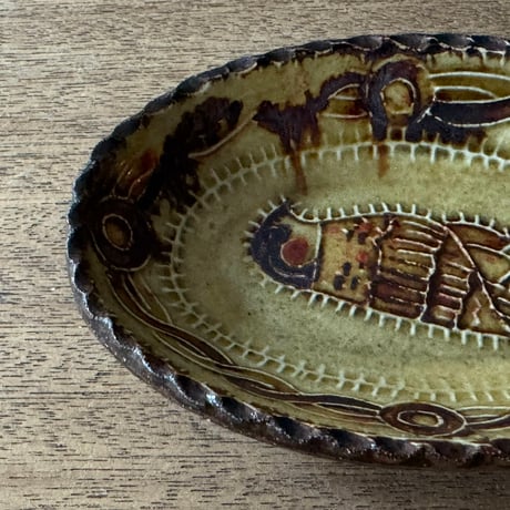 紀窯　中川紀夫　オーバル鉢 鳥押紋 K10A (約13.5×9cm)