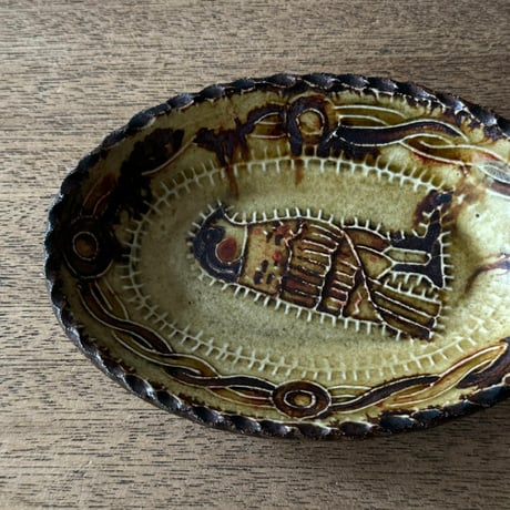 紀窯　中川紀夫　オーバル鉢 鳥押紋 K10A (約13.5×9cm)
