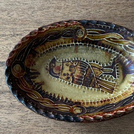 紀窯　中川紀夫　オーバル鉢 鳥押紋 K10C (約13.5×9cm)