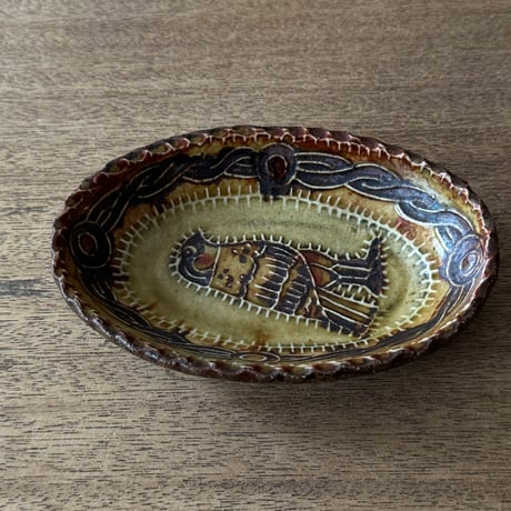 紀窯　中川紀夫　オーバル鉢 鳥押紋 K10B (約13.5×9cm)