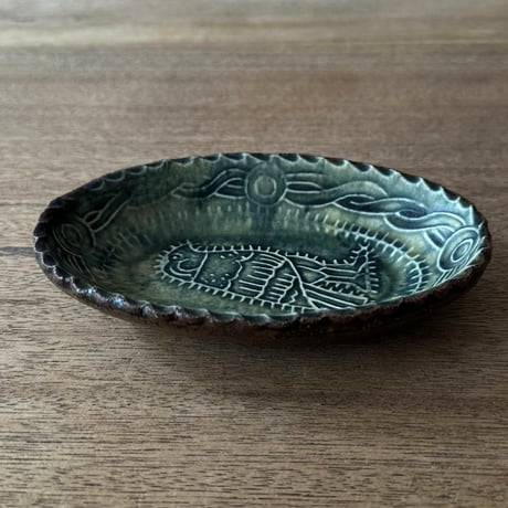 紀窯　中川紀夫　オーバル鉢 鳥押紋 K10D (約13.5×9cm)