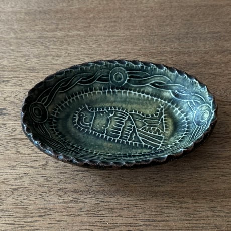 紀窯　中川紀夫　オーバル鉢 鳥押紋 K10E (約13.5×9cm)