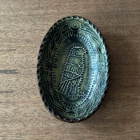 紀窯　中川紀夫　オーバル鉢 鳥押紋 K10F (約13.5×9cm)