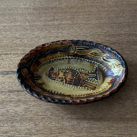 紀窯　中川紀夫　オーバル鉢 鳥押紋 K10C (約13.5×9cm)