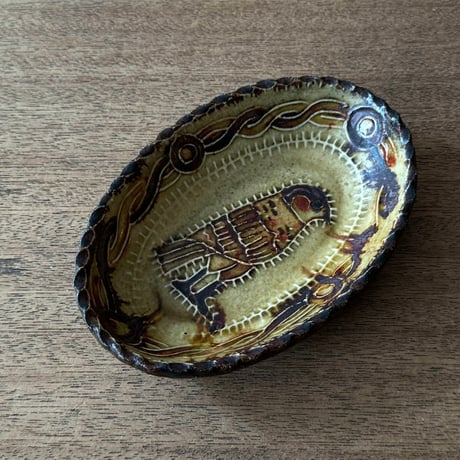 紀窯　中川紀夫　オーバル鉢 鳥押紋 K10A (約13.5×9cm)