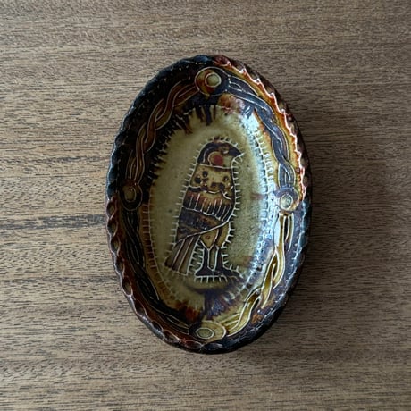 紀窯　中川紀夫　オーバル鉢 鳥押紋 K10C (約13.5×9cm)