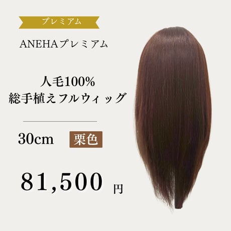 ANEHA プレミアム人毛100％総手植えフルウィッグ 30cm【栗色】 | 軽量・自然な分け目