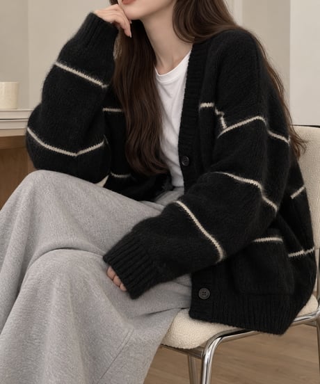 striped v-neck cardigan / 2color　hm3270