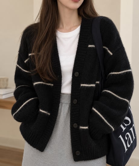 striped v-neck cardigan / 2color　hm3270