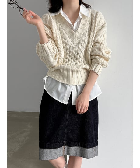 cable layered knit  / 2color　hm3230