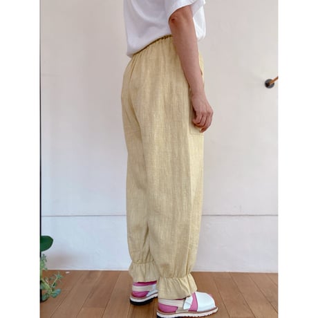 内田ミシン　麻混先染めヘリンボーンドロワーズ／テーパードパンツ・イエロー