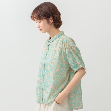 綿100%　コットンボイル　爽やか　花柄プリント　ブラウス　【グリーン】　M~Lサイズ