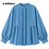 綿100％　レース＆ピンタック　デザイン　ブラウス　【ブルー】　M~Lサイズ　レディース