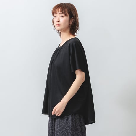 接触冷感　衿ぐりギャザー　フレア　プルオーバー　【ブラック】　M~Lサイズ　オフィスカジュアル