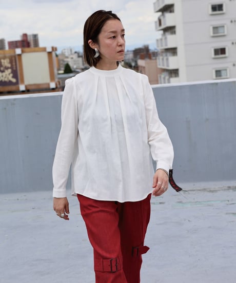 Dobby Lace stripe / Tuck Stand Blouse