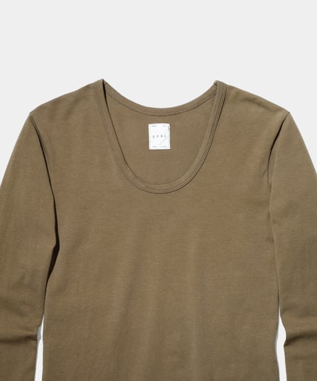 Organic CottonSuper FineJersey with Spandex U neck Long Sleeve Tee　Khaki