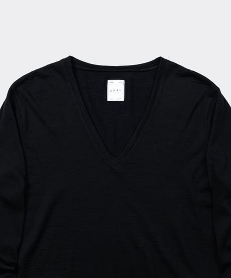 Super 120's Hard Twist TOP Wool Jersey / V Neck Long Sleeve Tee Black