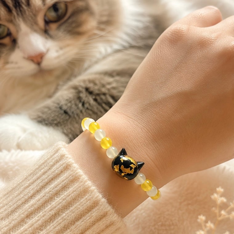 大人からお子様まで】ホタルガラス（猫玉）の天然石ブレスレット