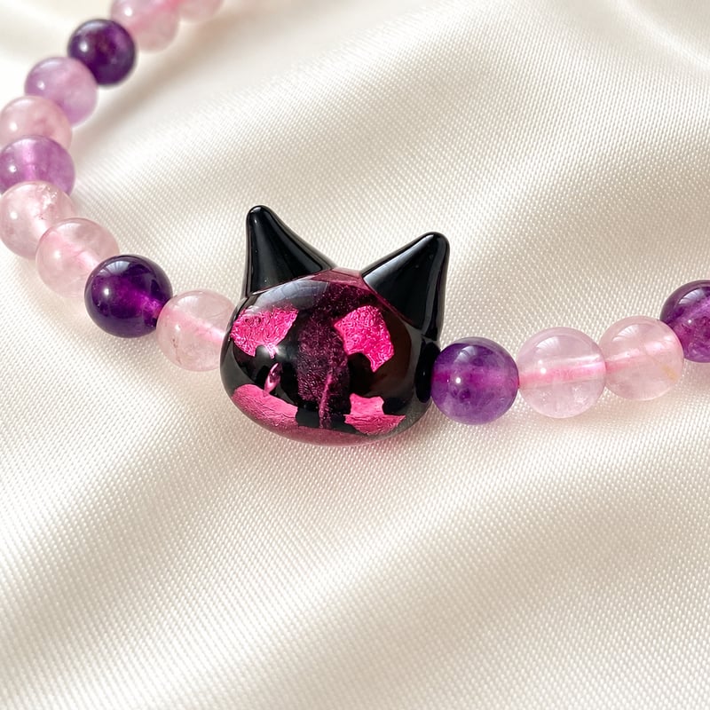 大人からお子様まで】ホタルガラス（猫玉）の天然石ブレスレット｜天然