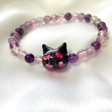 【大人からお子様まで】ホタルガラス（猫玉）の天然石ブレスレット｜天然ピンクフローライト