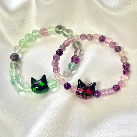 【大人からお子様まで】ホタルガラス（猫玉）の天然石ブレスレット｜天然ピンクフローライト