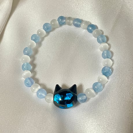 【大人からお子様まで】ホタルガラス（猫玉）の天然石ブレスレット｜キャッツアイ＆アクアマリン