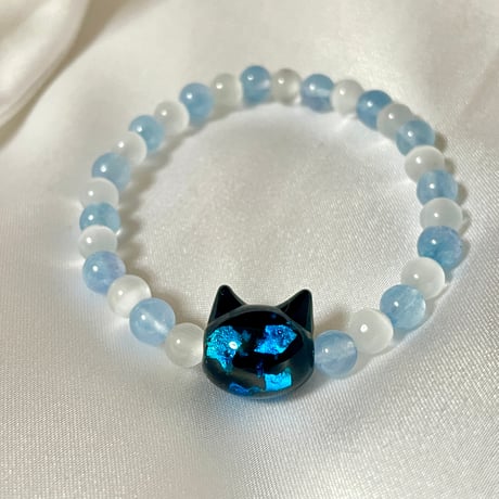 【大人からお子様まで】ホタルガラス（猫玉）の天然石ブレスレット｜キャッツアイ＆アクアマリン