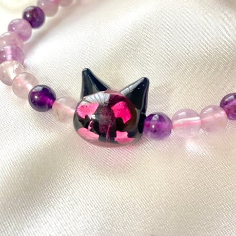 【大人からお子様まで】ホタルガラス（猫玉）の天然石ブレスレット｜天然ピンクフローライト