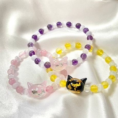 【大人からお子様まで】ホタルガラス（猫玉）の天然石ブレスレット｜キャッツアイ＆イエローアゲート