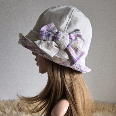 ナチュラルCottonリネン×優しいパープルチェック★約60㎝★フィット hatリボン