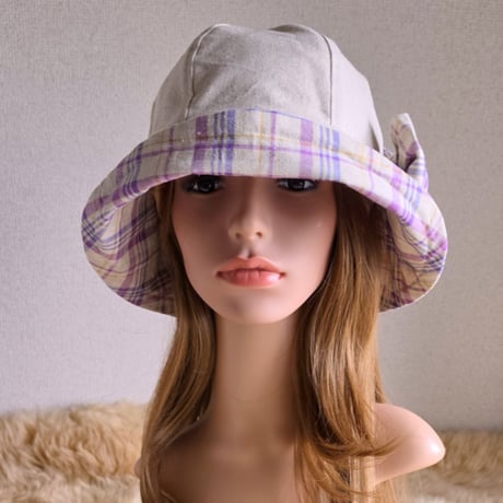 ナチュラルCottonリネン×優しいパープルチェック★約60㎝★フィット hatリボン