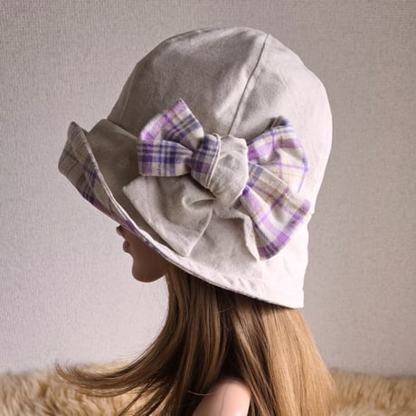 ナチュラルCottonリネン×優しいパープルチェック★約60㎝★フィット hatリボン