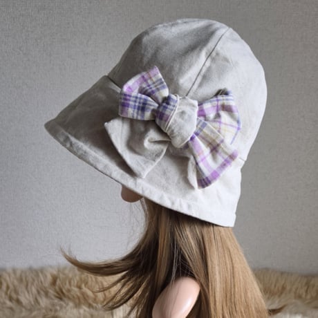 ナチュラルCottonリネン×優しいパープルチェック★約60㎝★フィット hatリボン