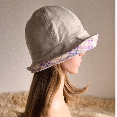 ナチュラルCottonリネン×優しいパープルチェック★約60㎝★フィット hatリボン