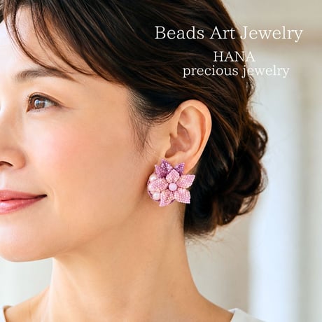 【NEW/受注制作】 ピンクの花の耳飾り (ステッチ立体）イヤリング/ピアス