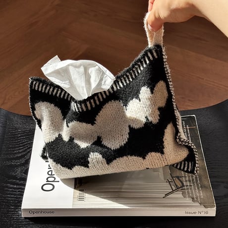 tissuebox-03095　geometric pattern ブラック×ホワイト ニット ティッシュケース