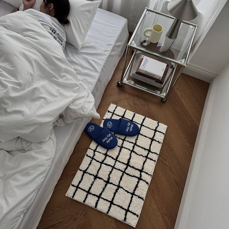 rug-03115　グリッドデザイン オフホワイト×ブラック ラグ 50cm×80cm