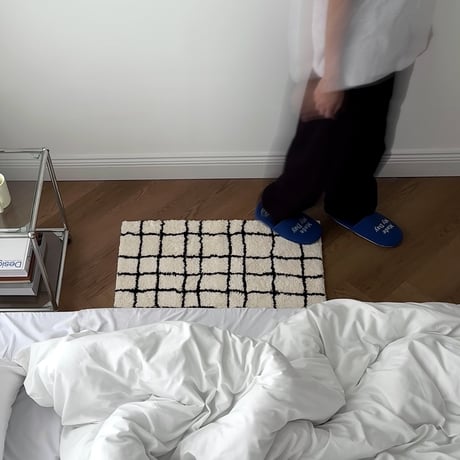 rug-03115　グリッドデザイン オフホワイト×ブラック ラグ 50cm×80cm