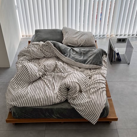 予約販売11月中旬～11月下旬頃発送予定　beddingsets-03208　white/brown stripe×gray sheets あたたか ファイバー厚手 起毛 ストライプ 布団カバーセット