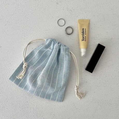 pouch-03008　綿麻 ライトブルー 先染めストライプ 巾着ポーチ 大中小3枚セット