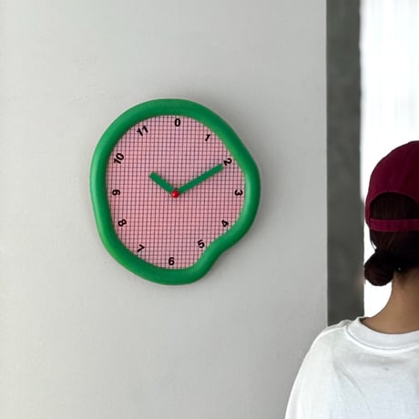 予約販売9月下旬～10月上旬頃発送予定　clock-03131　グリーン×ピンク グリッドデザイン ニュアンス ウォールクロック 掛け時計 静音
