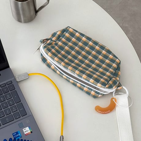 予約販売9月中旬～9月下旬頃発送予定　pouch-03011　ストラップ ＆ キーホルダー付き チェック柄 マルチポーチ ペンケース