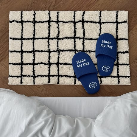rug-03115　グリッドデザイン オフホワイト×ブラック ラグ 50cm×80cm
