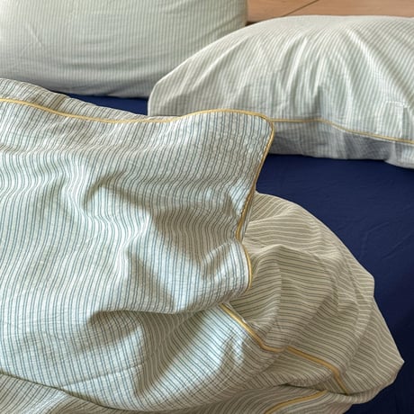 予約販売11月中旬～11月下旬頃発送予定　beddingsets-03214　 イエローパイピング white×green stripe 布団カバーセット