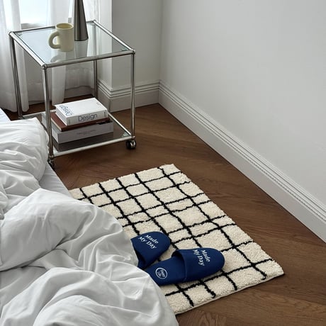 rug-03115　グリッドデザイン オフホワイト×ブラック ラグ 50cm×80cm