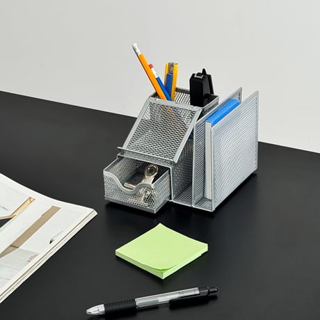 予約販売9月下旬～10月上旬頃発送予定　stationery-03061　メタルメッシュ コンパクト デスクオーガナイザー シルバー