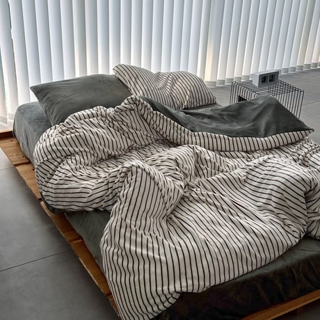 予約販売11月中旬～11月下旬頃発送予定　beddingsets-03208　white/brown stripe×gray sheets あたたか ファイバー厚手 起毛 ストライプ 布団カバーセット