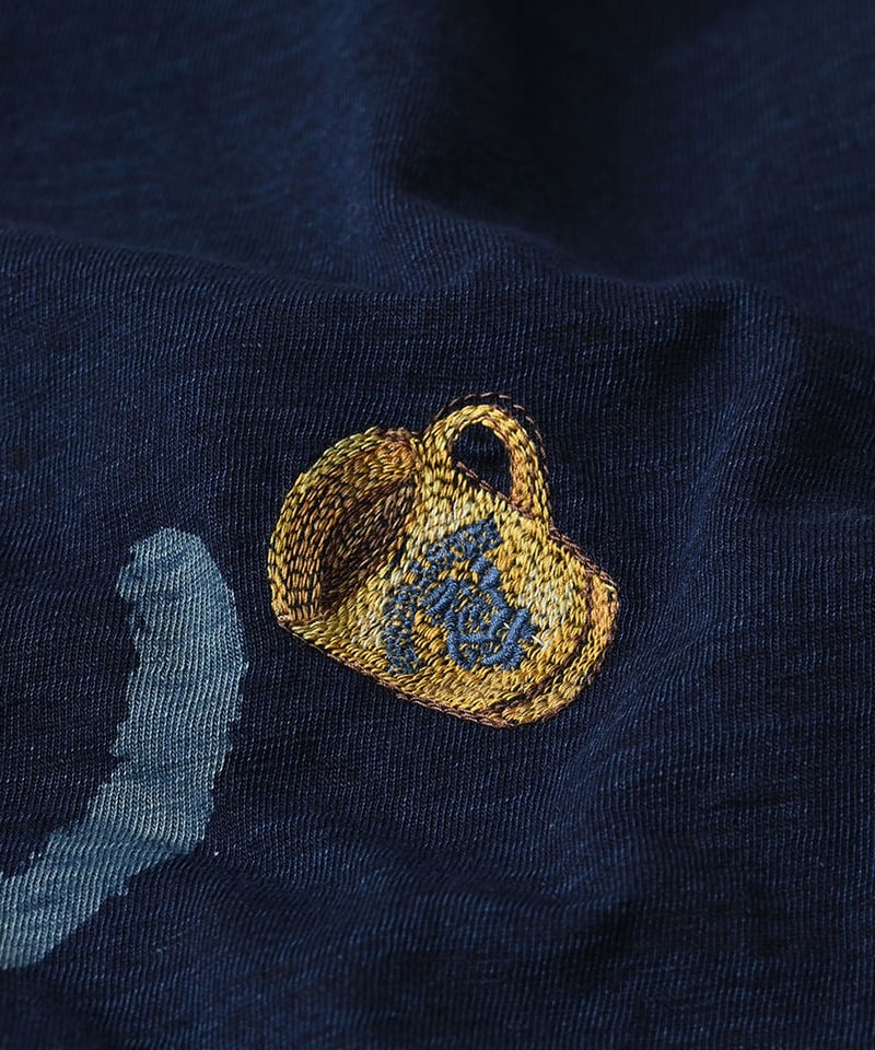 45R✨インディゴ 二重編みのニットソー R刺繍 日本製 パフスリーブ 藍染 45R✨インディゴ 二重編みのニットソー R刺繍 日本製 パフスリーブ