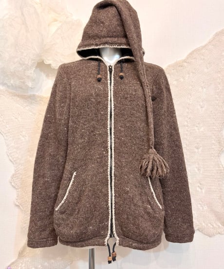 Vintage Gray Brown Pixie Hood Design Knit Jacket M